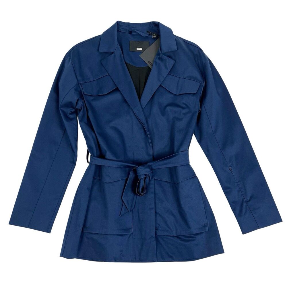 AWAY The Utility Jacket Navy Blue Belted Travel Chic Career Trench Coat NEW XS
